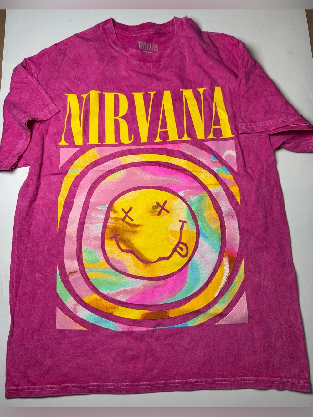 Nirvana Women’s Medium Pink Acid Wash Smiley Face Graphic Band T-Shirt 100% Cott